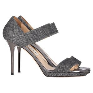 Jimmy Choo Closed Heel Tab Sandals in Metallic Silver Polyester